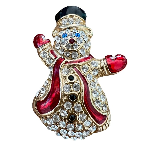 Vintage Monet Signed Red Enamel and Gold Tone Rhinestoned Snowman Pin/Brooch - Picture 1 of 7